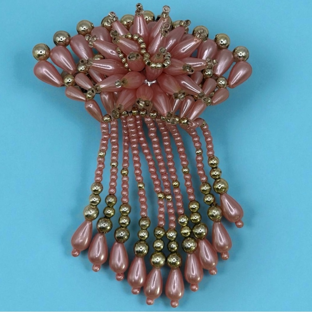 Vtg 80s Hair Clip Beaded Faux Pearl Dangle Pink Gold Bow Barrette Wedding